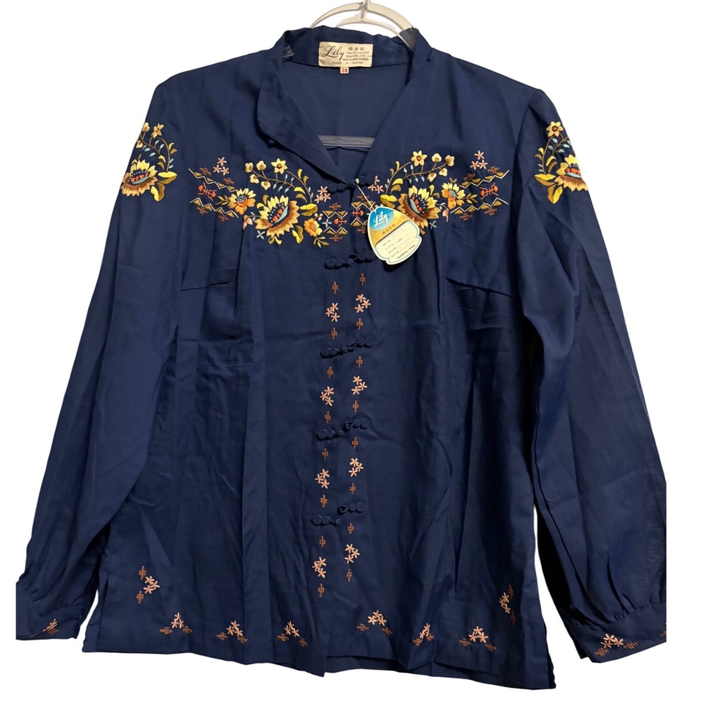 Vintage Lily Embroidered‎ Button Down Blouse Long Sleeve Blue Floral NWT